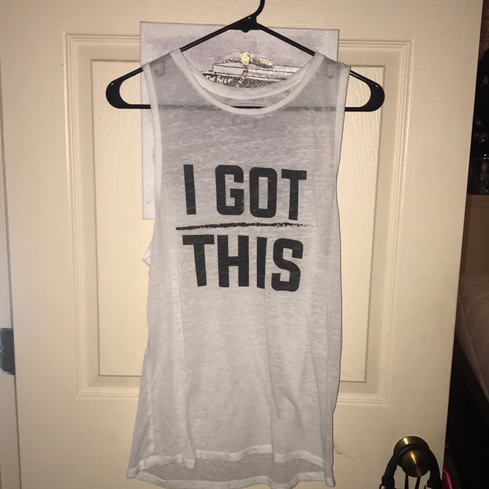 F.I.T. Size Large White Workout Mesh See-through Tank “I Got This”